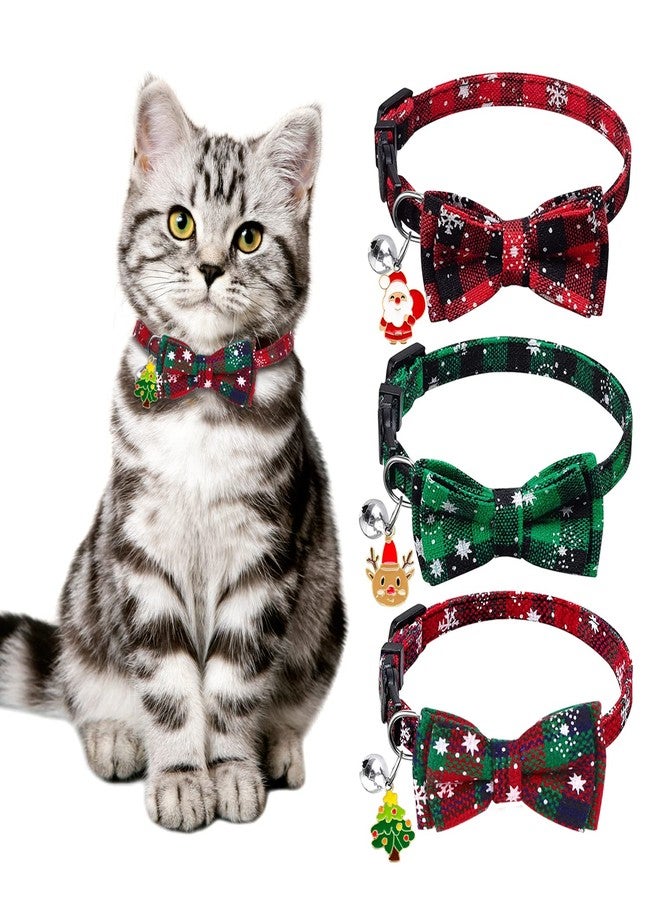 YUJUN 3Pack Christmas Cat Collars Breakaway with Bow tie and Bell Christmas Adjustable Plaid Snowflake Collar Buckle Safety for Puppy Kittens - Image 1